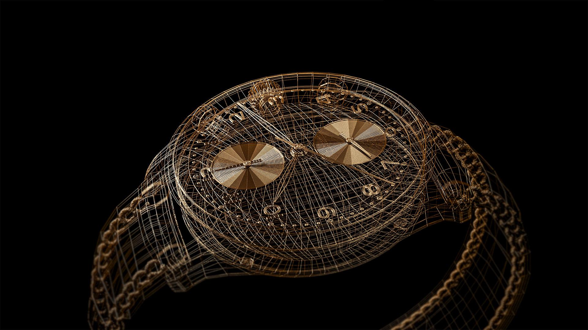 Cinema 4D Artist Adam Wilkes created a 3D golden watch wireframe for Style frames project